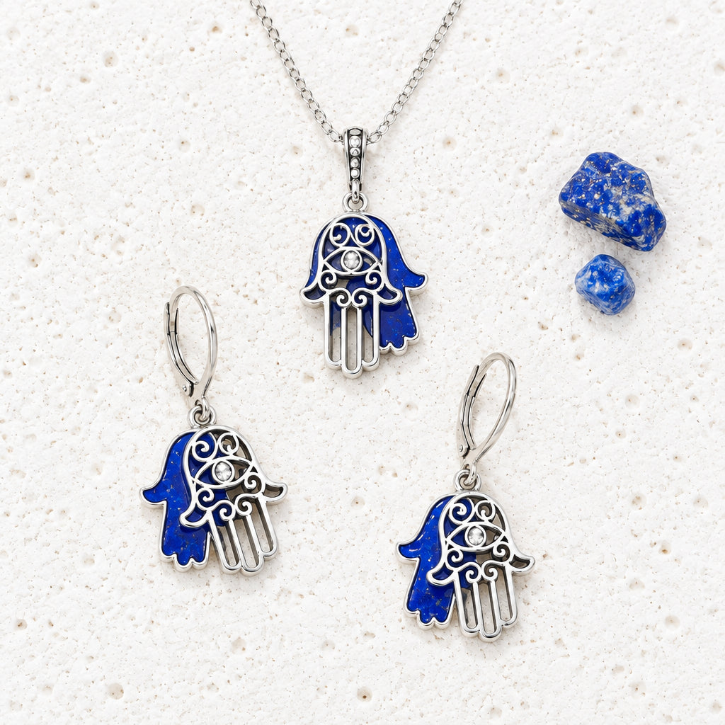 Sterling silver blue enamel hamsa necklace and matching leverback earrings set