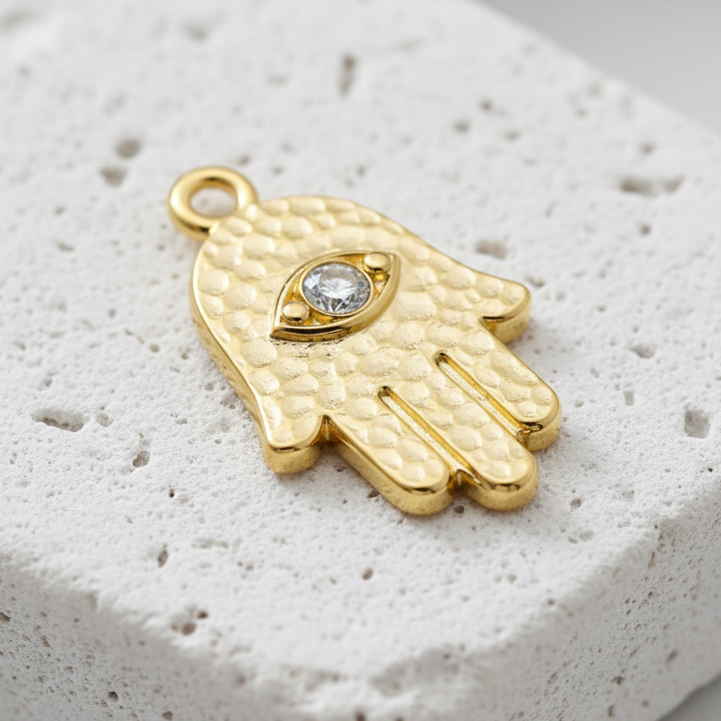 Gold plated hamsa charm for crystal bracelets — open palm and eye for protection