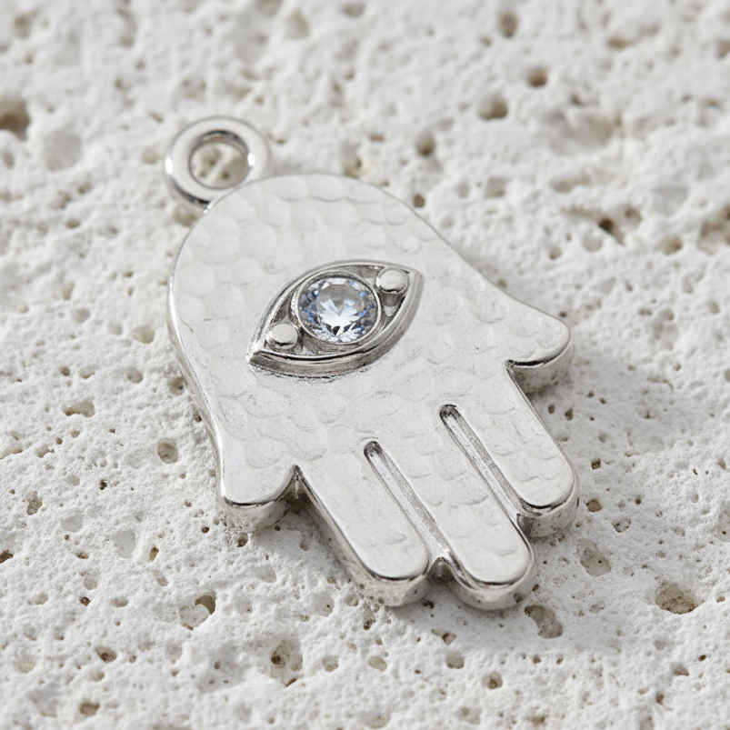 Silver plated hamsa charm for crystal bracelets — open palm and eye for protection