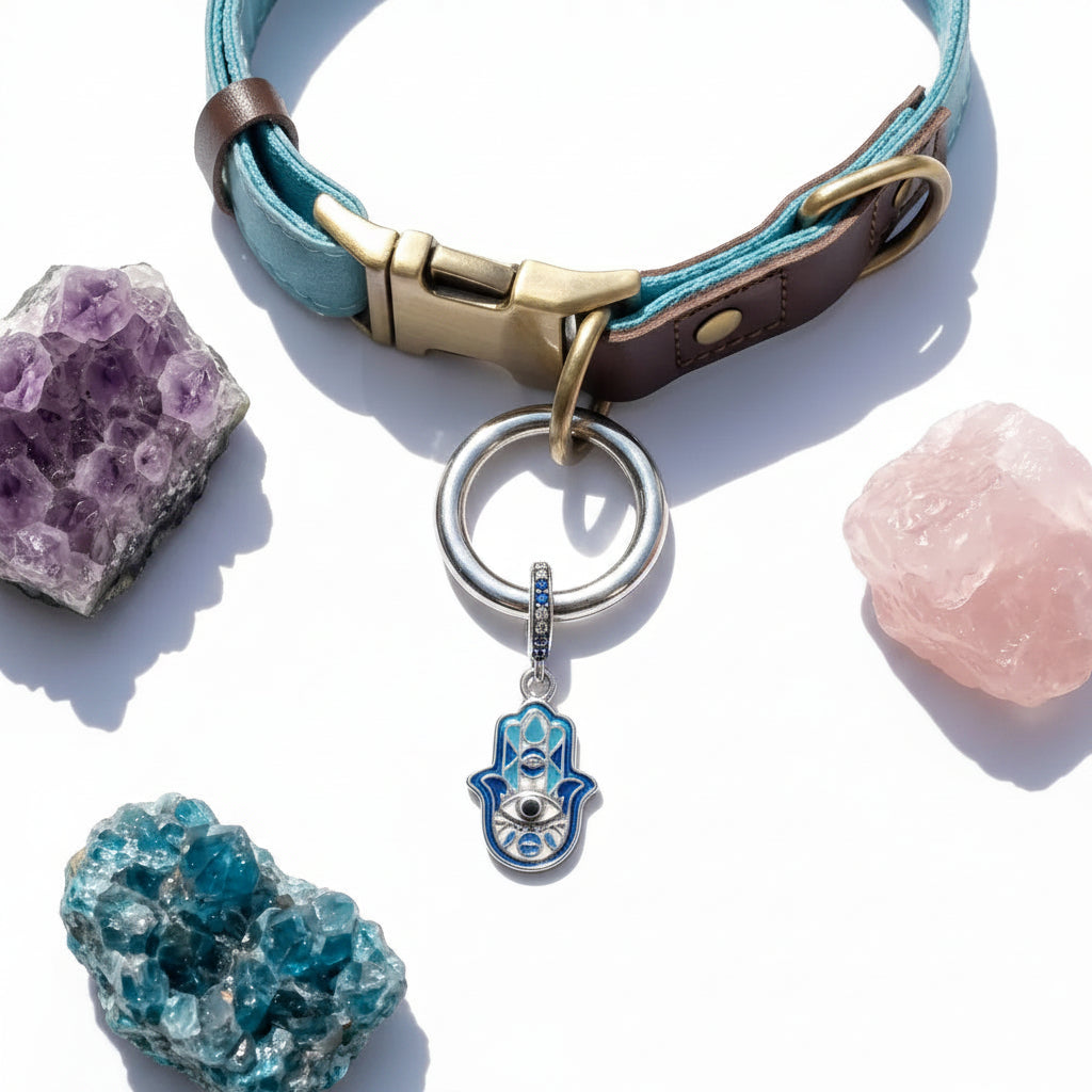 Amethyst, hamsa and heart charm on a dog collar — crystal necklace for comfort and protection