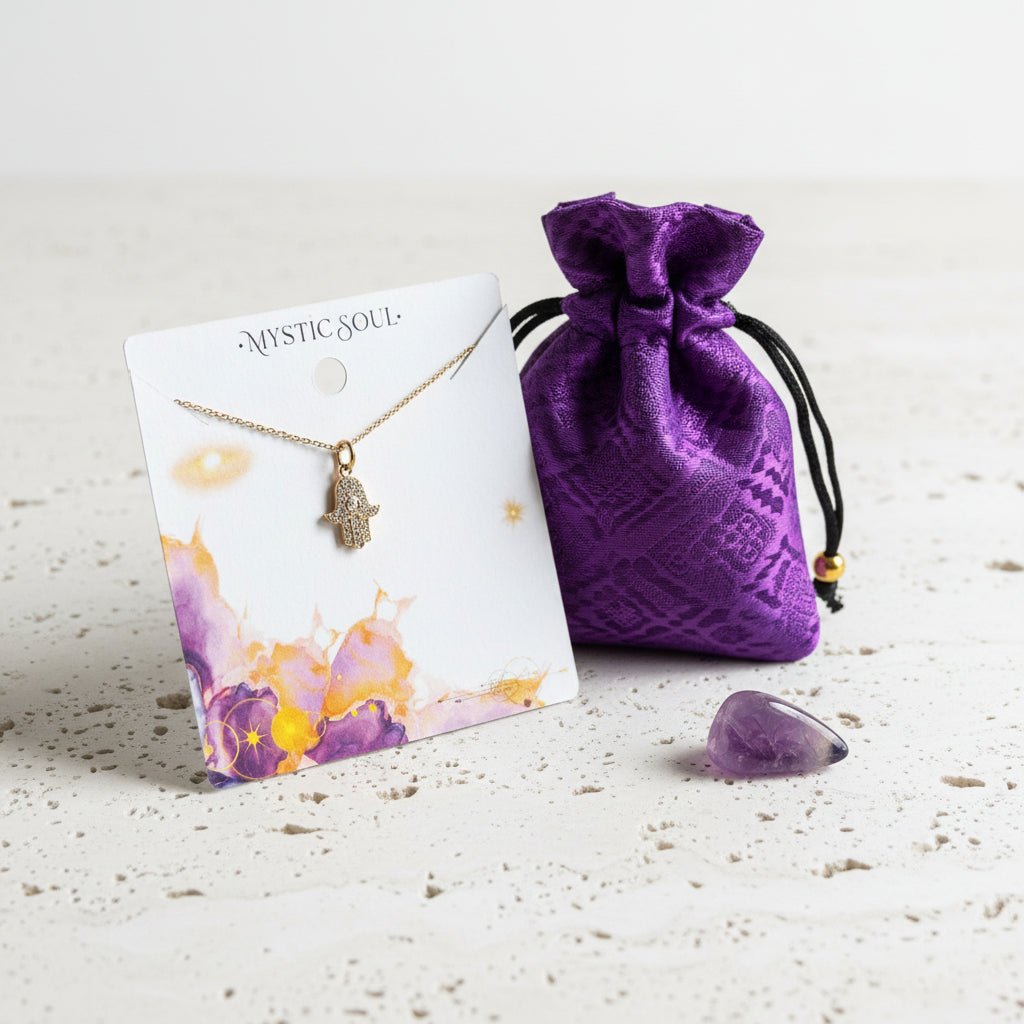 Crystal hamsa hand necklace on a Mystic Soul gift card with purple pouch