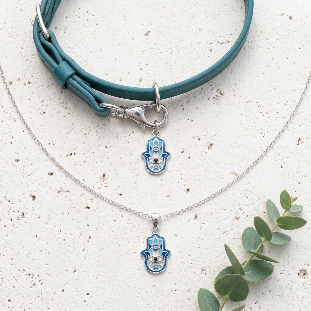 Sterling silver hamsa hand dog collar charm with matching owner necklace