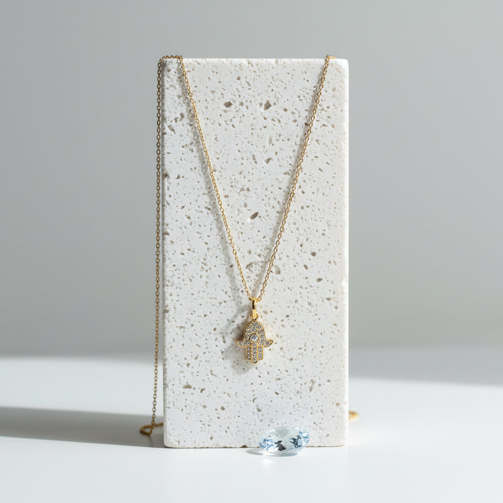 Gold hamsa hand necklace with crystal centre on a white riser