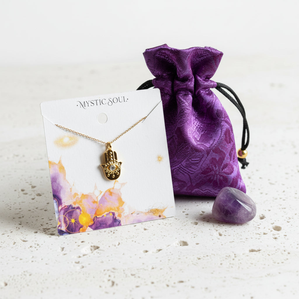 Gold hamsa hand necklace on a Mystic Soul gift card with purple velvet pouch and amethyst