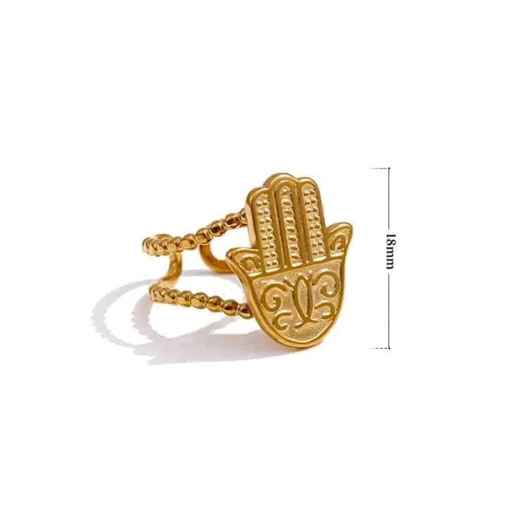 Gold Hamsa hand ring with size, weight, material, and color information on a white background