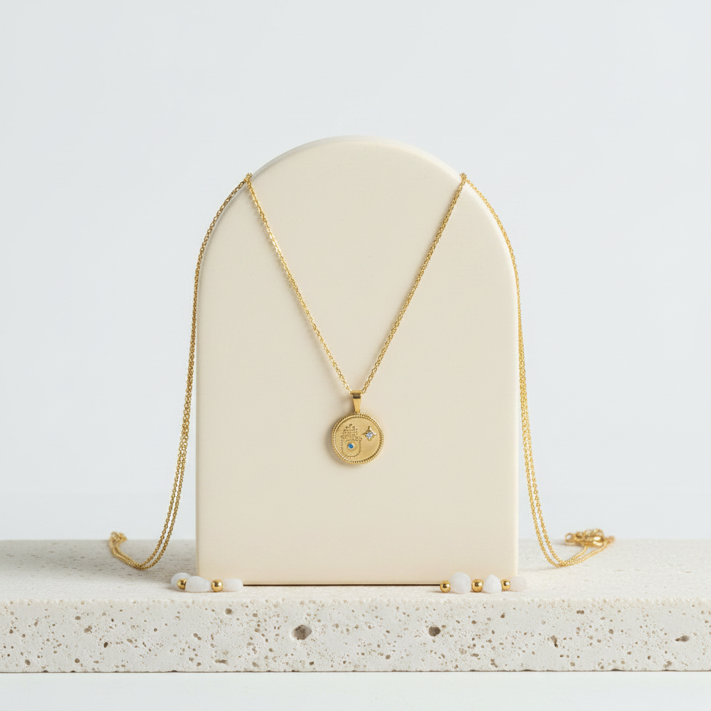 Cut-out brass hamsa hand pendant on a gold chain — protection talisman jewelry