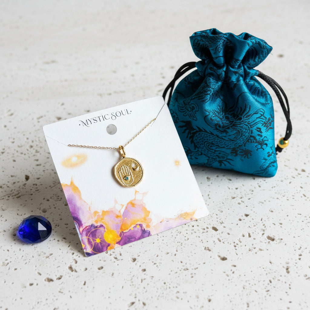 Hamsa hand medallion necklace on a Mystic Soul gift card