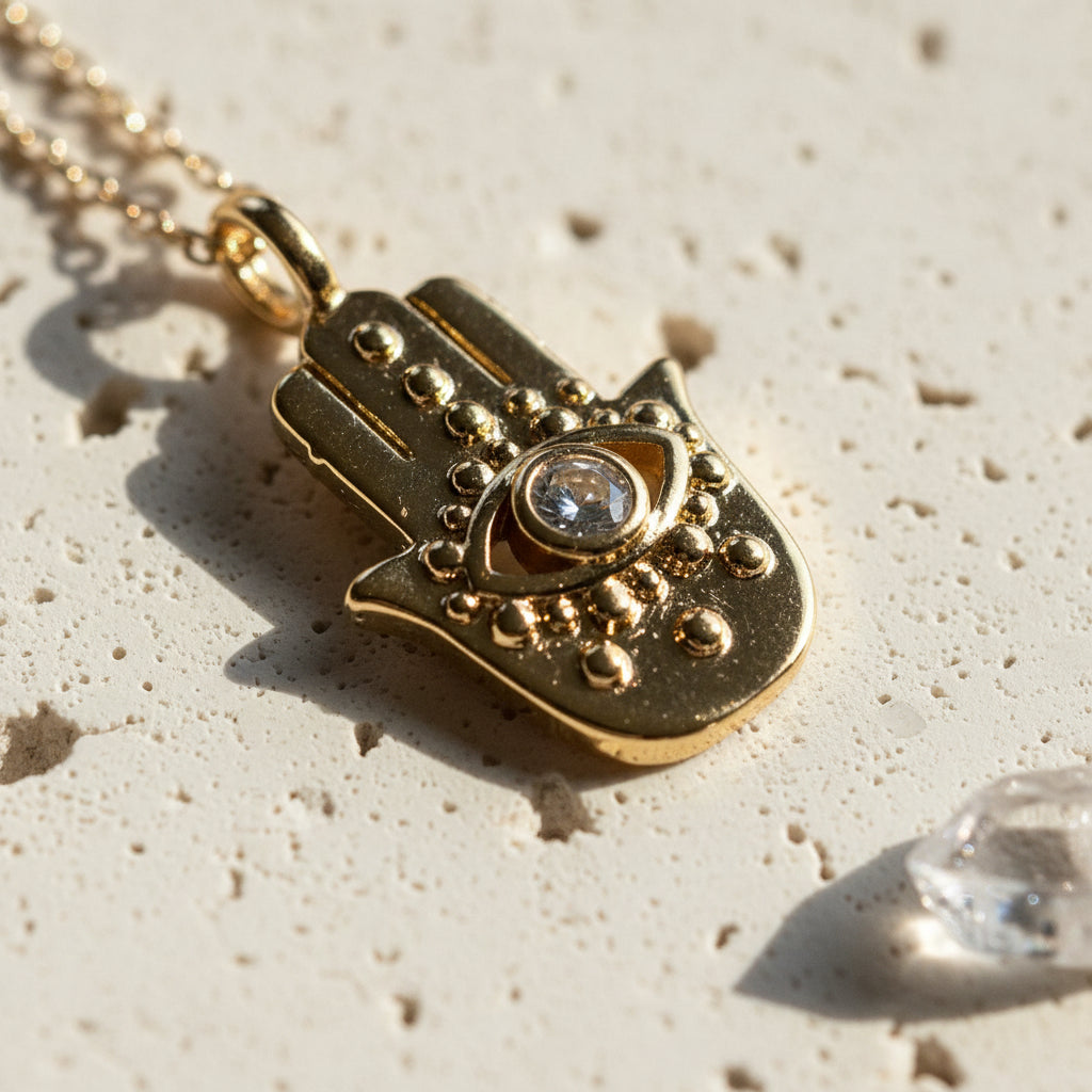 Close-up of a gold hamsa hand pendant with crystal centre stone and beaded edge