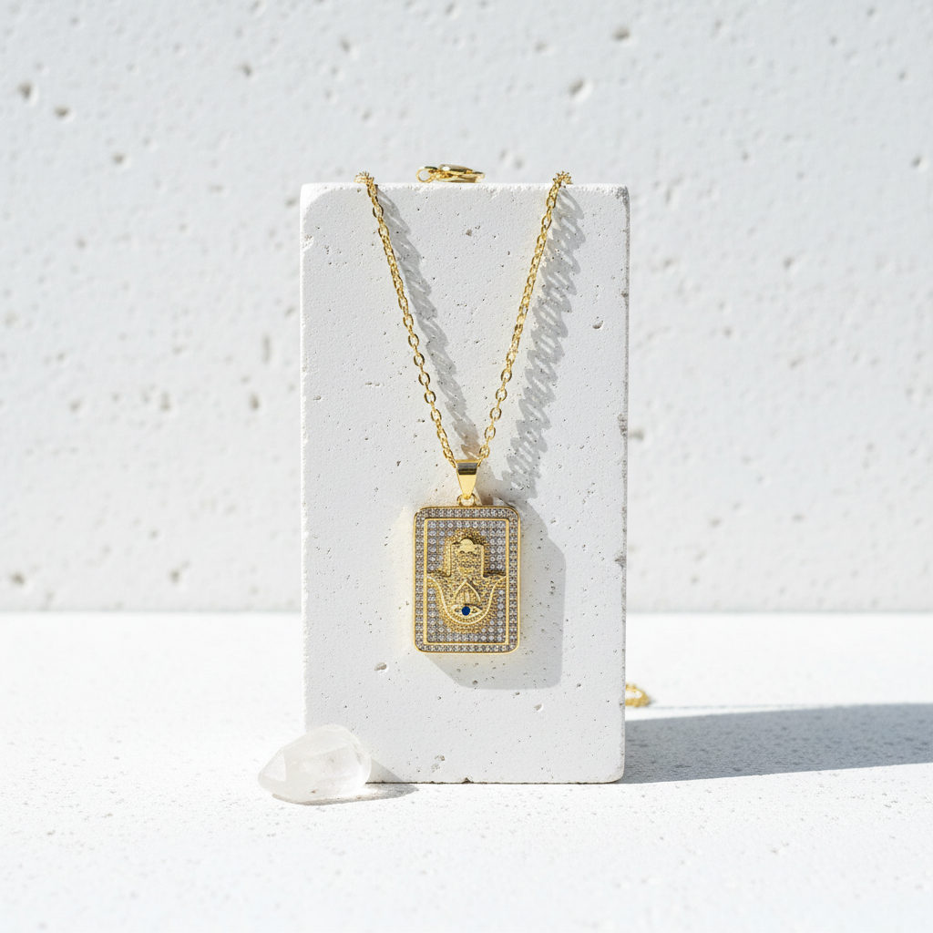 Rectangular gold hamsa medallion necklace on a Mystic Soul gift card