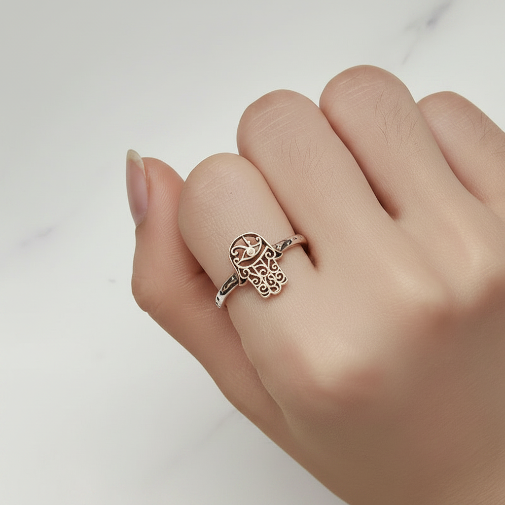Hand of Fatima ring in oxidised sterling silver — symbol jewellery for protection