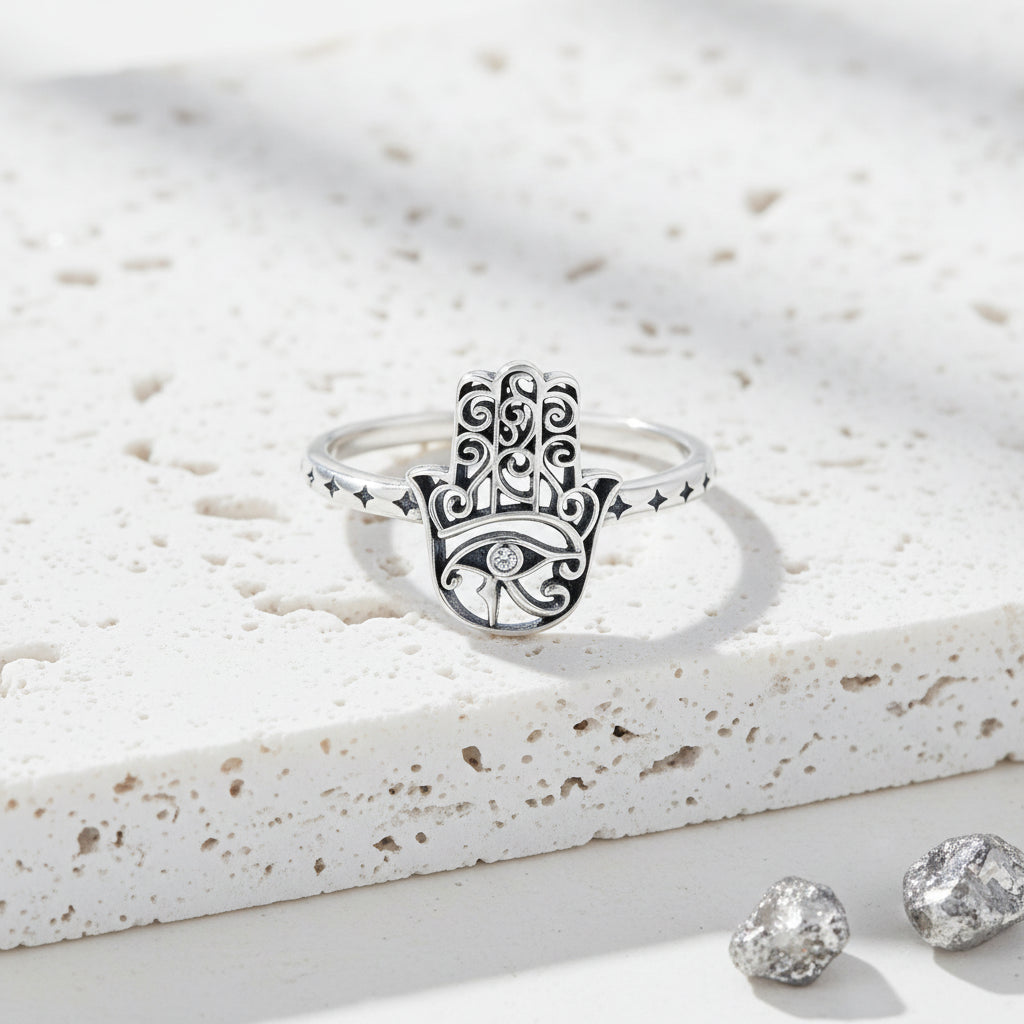 Sterling silver Hamsa hand ring with zircon, open adjustable band — jewellery for protection