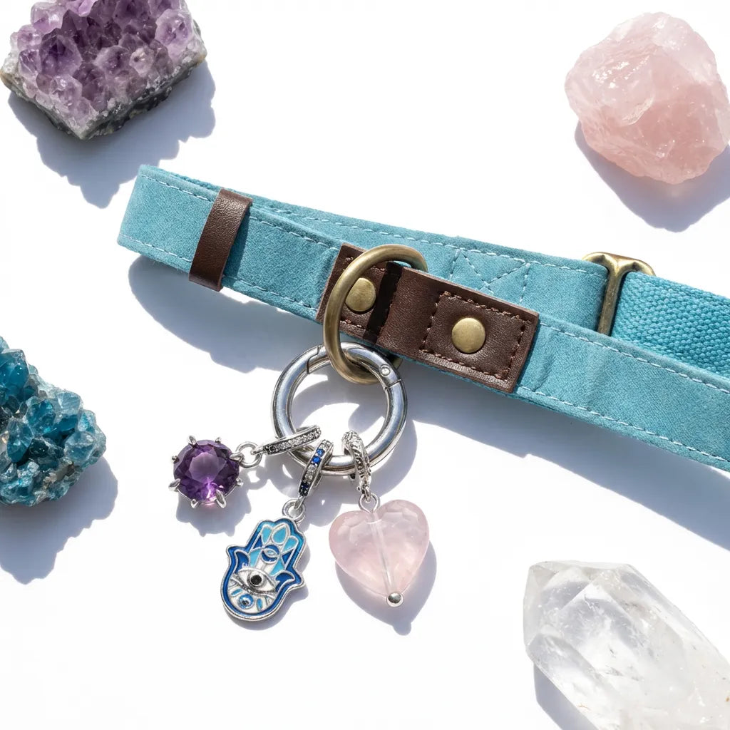 Blue dog collar with charms on a white background with crystals