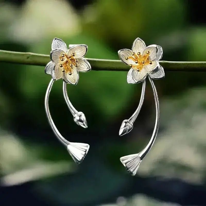 Handcrafted Sterling Silver Lotus Flower Earrings: Studs - Mystic Soul Jewelry