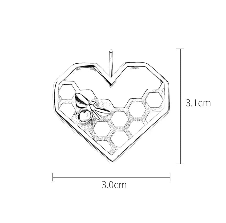 Heart-shaped honeycomb with a bee design and dimensions on a white background