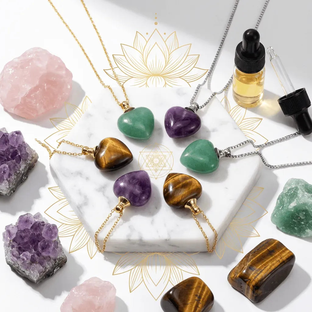 Necklaces with gemstone pendants on a marble surface with crystals and oils.