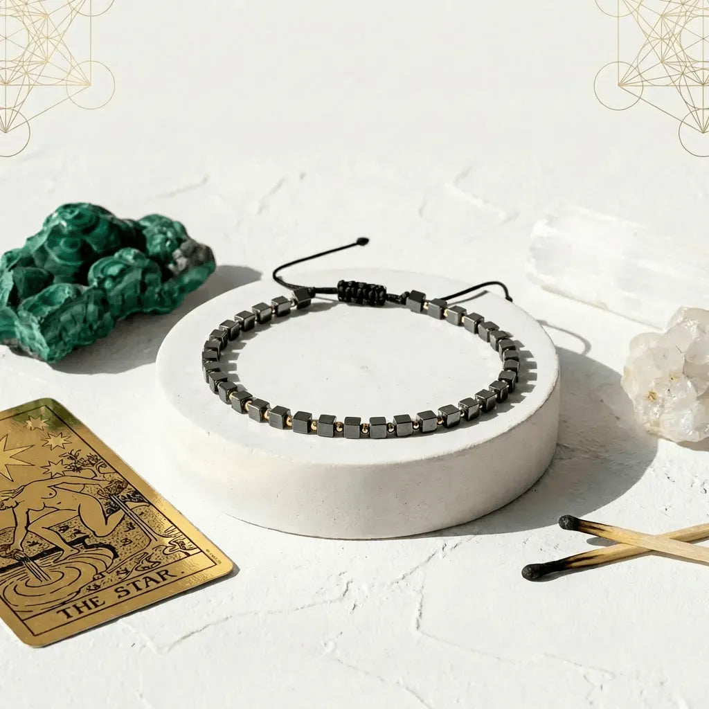 Necklace on a white pedestal with crystals and a tarot card on a light background