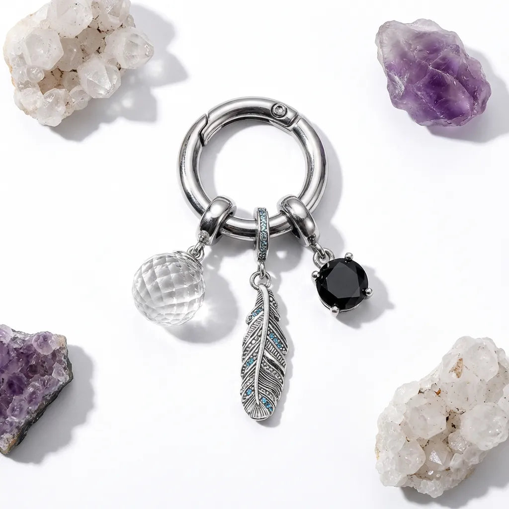 Keychain with charms on a white background with crystals