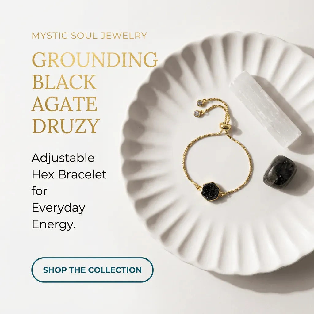 Gold bracelet with black agate druzy stones on a white dish, with text about the jewelry brand and product.