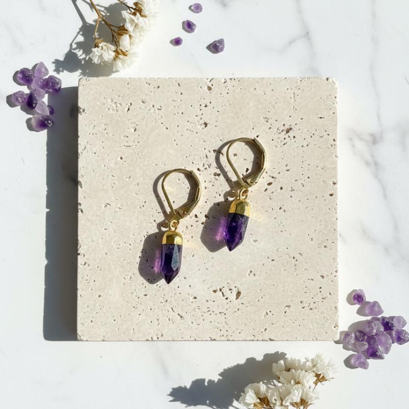 Amethyst hexagon leverback earrings in gold, February birthstone jewelry