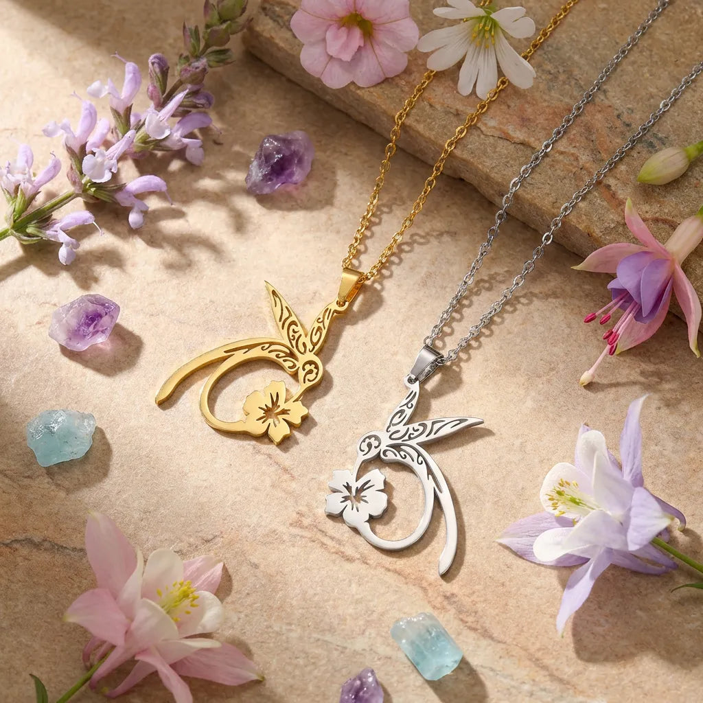 Two floral pendants on gold and silver chains with flowers and crystals on a stone surface