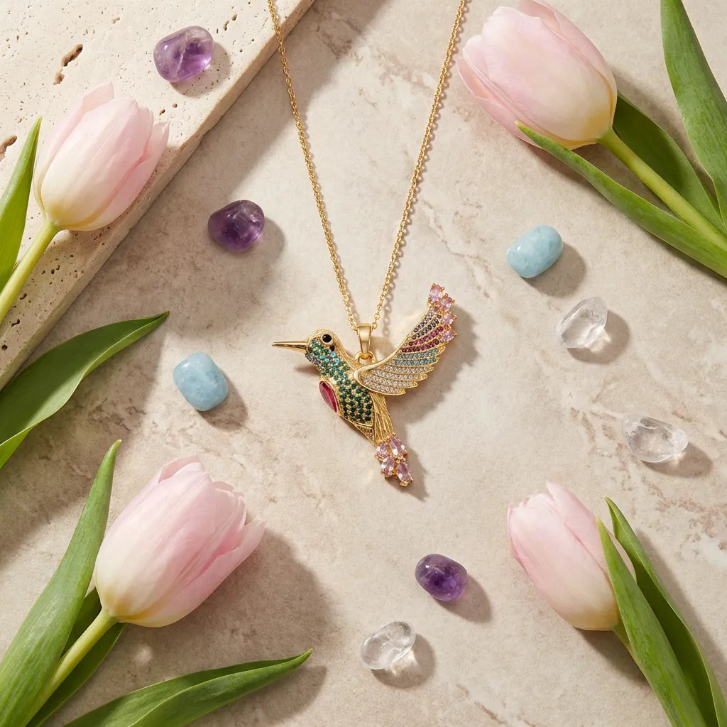 Colorful hummingbird necklace with pink tulips and crystals on a stone surface