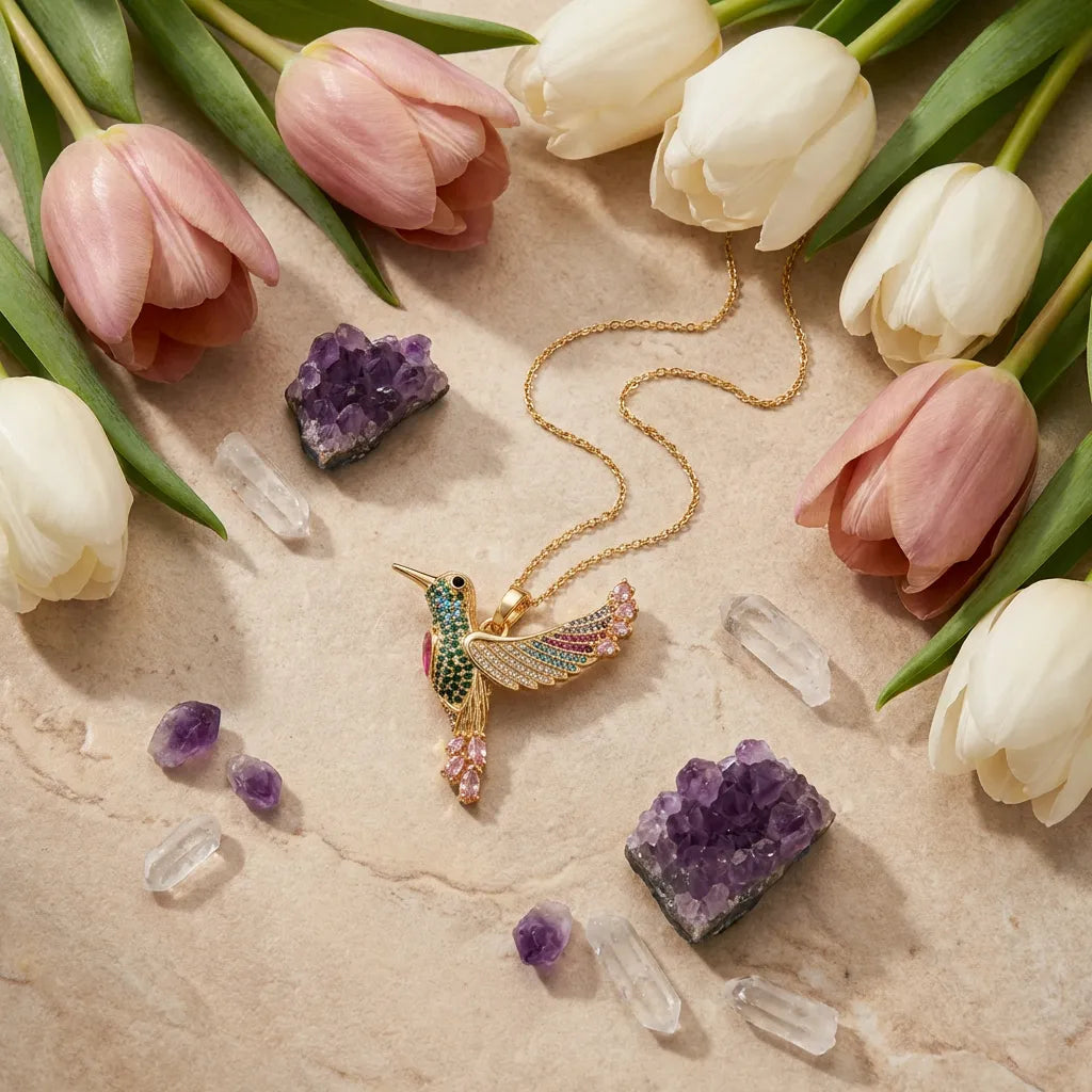 Gold necklace with a colorful bird pendant on a stone surface with tulips and crystals.