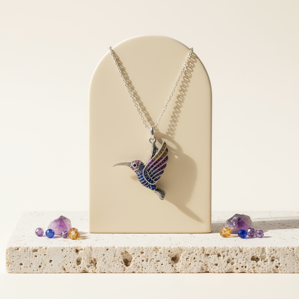 Colorful hummingbird pendant in sterling silver, wings set with multi-colour zircon