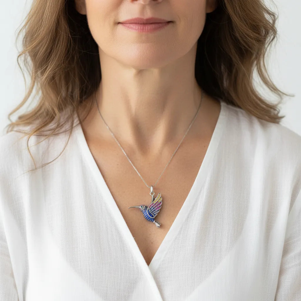 Sterling silver hummingbird pendant necklace, spirit animal jewelry
