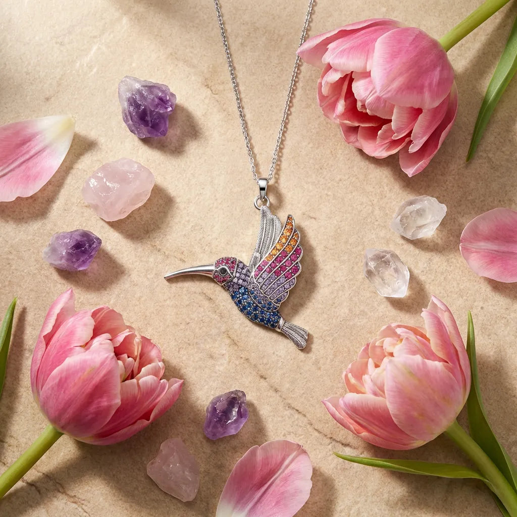 Colorful hummingbird pendant necklace with pink tulips and crystals on a beige background