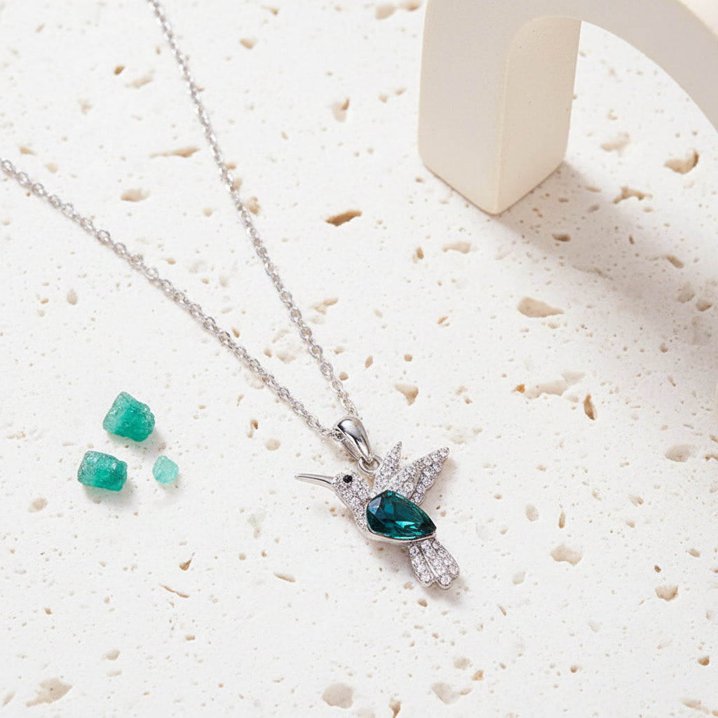 Hummingbird pendant necklace in 925 sterling silver with Austrian crystal — spirit animal jewelry for lightness