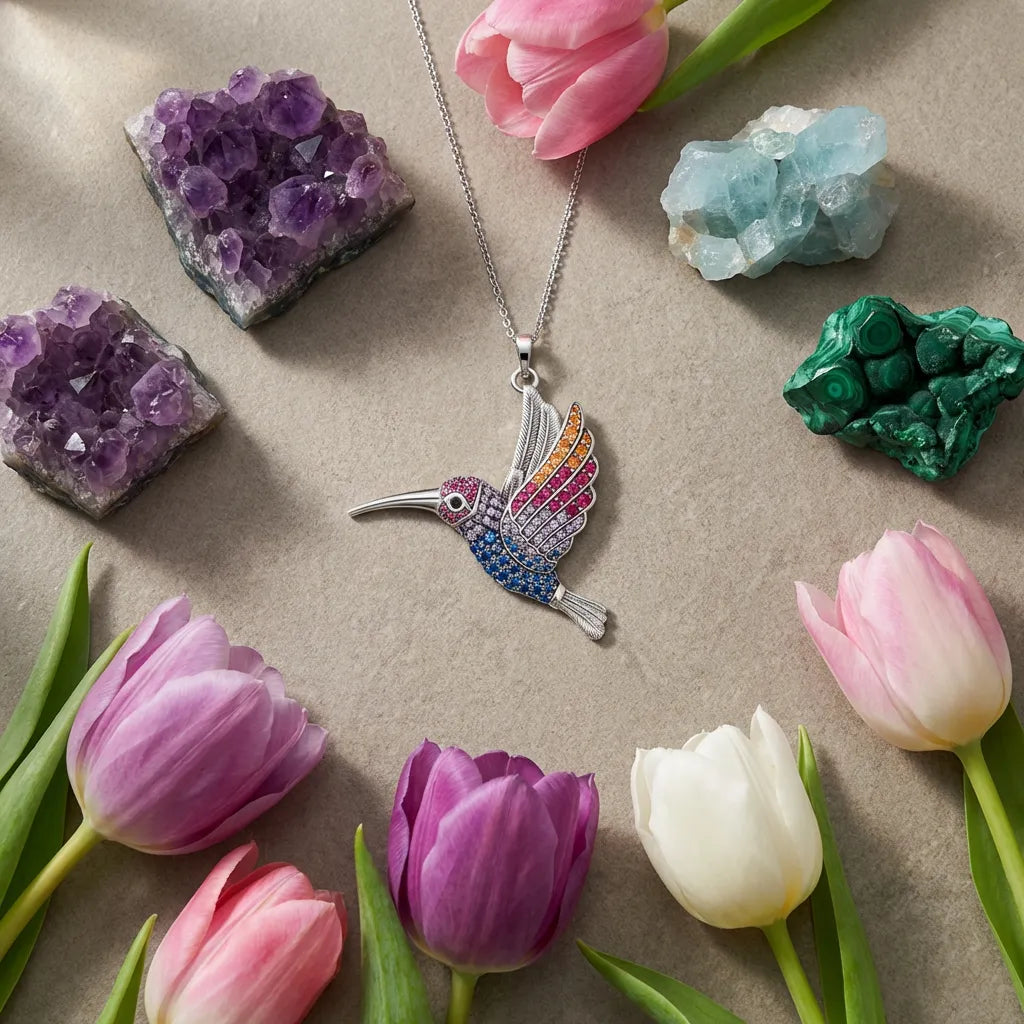 Colorful hummingbird-shaped pendant with gemstones on a beige surface surrounded by tulips and crystals.