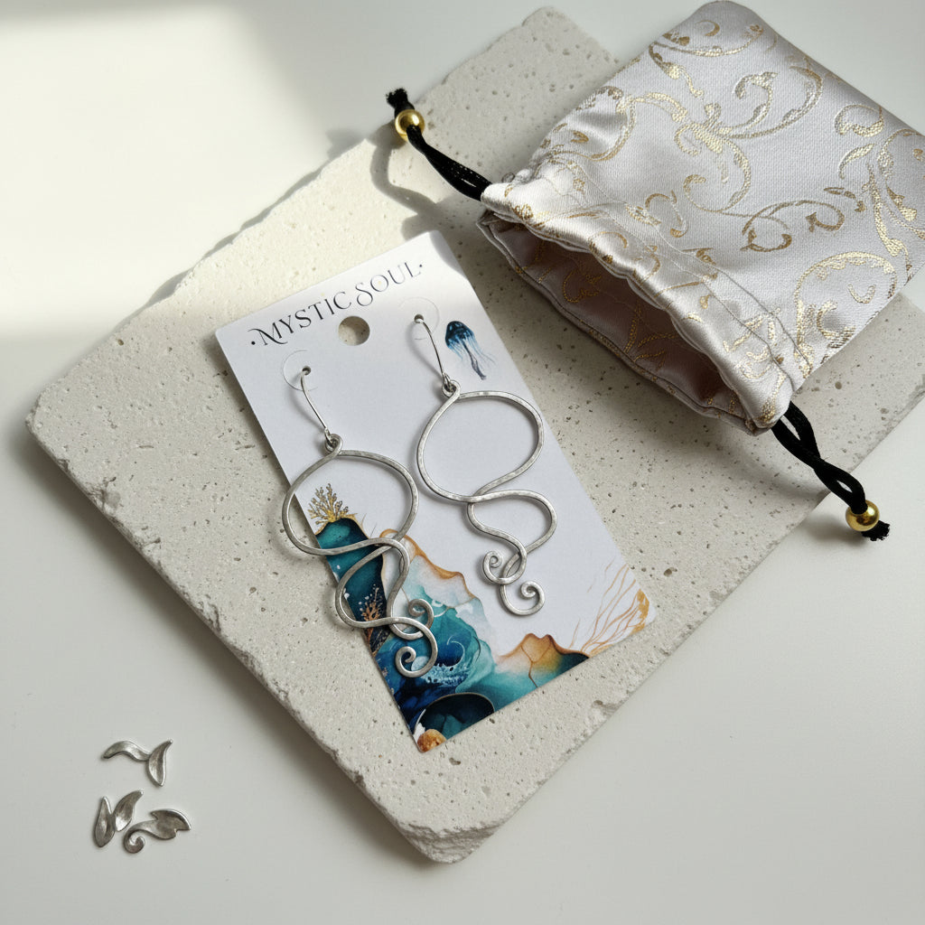 Jellyfish swirl drop earrings on a display card with a gift pouch