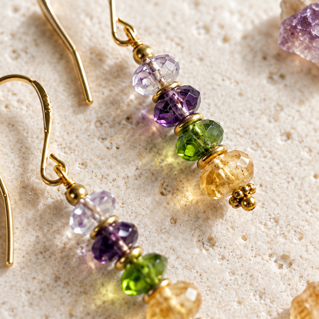 Close-up of stacked faceted glass beads in lavender, deep purple, green and yellow on a gold ear wire