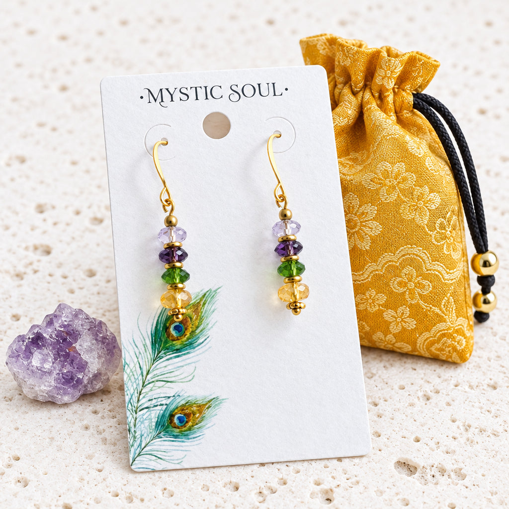 Jewel tone drop earrings on a Mystic Soul card: faceted glass in light amethyst, deep amethyst, emerald green and citrine yellow on gold ear wires