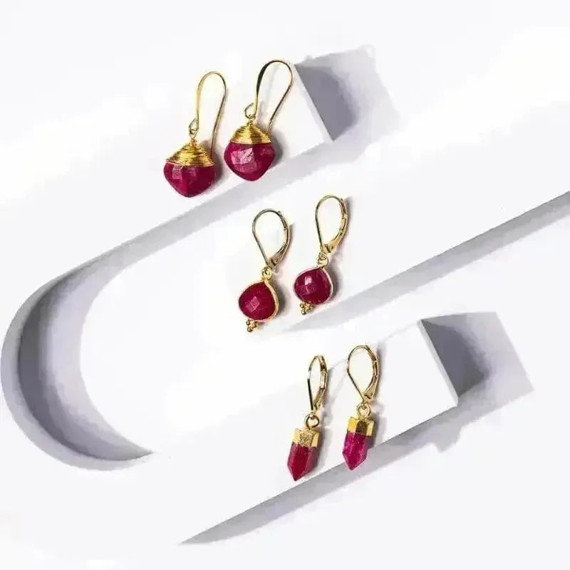 Ruby Five - Sided Point Crystal Earrings | Gold - Plated Leverback July Birthstone Design 
