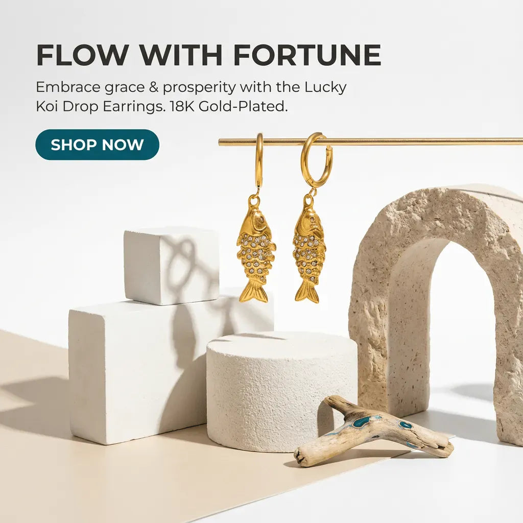 Gold-plated koi drop earrings on a white and beige geometric background with 'Flow with Fortune' text.