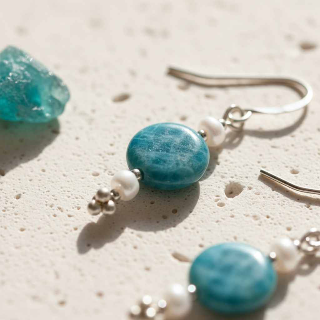 Kyanite coin drop earrings showing the shepherd's hook earwire and silver bead cap