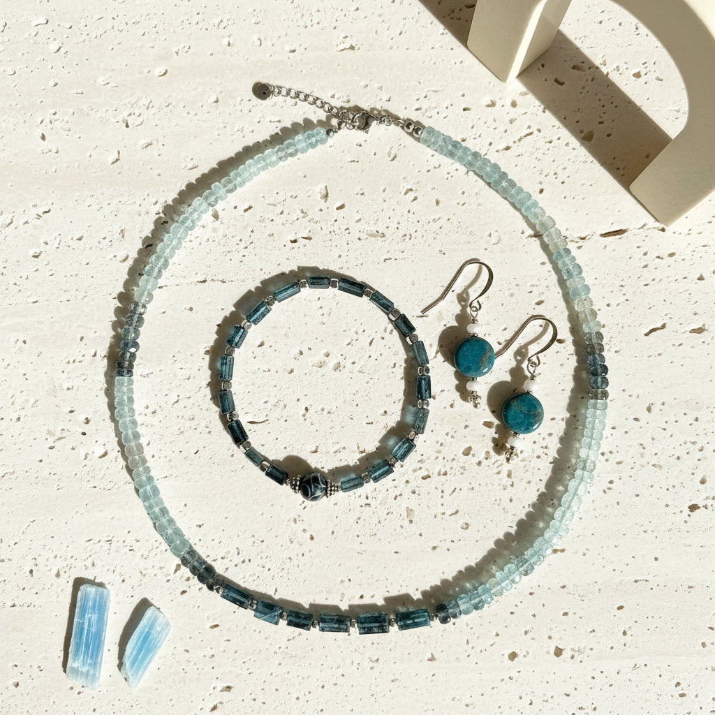 Kyanite jewellery set — ombré beaded necklace, carved dzi bead bracelet and coin drop earrings