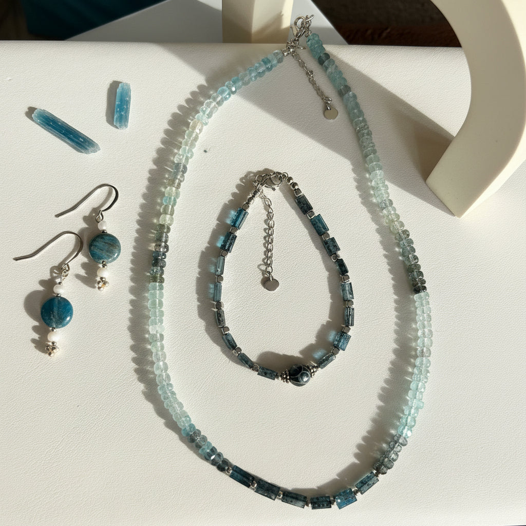 Blue kyanite necklace, bracelet and earrings arranged together on a pale stone background