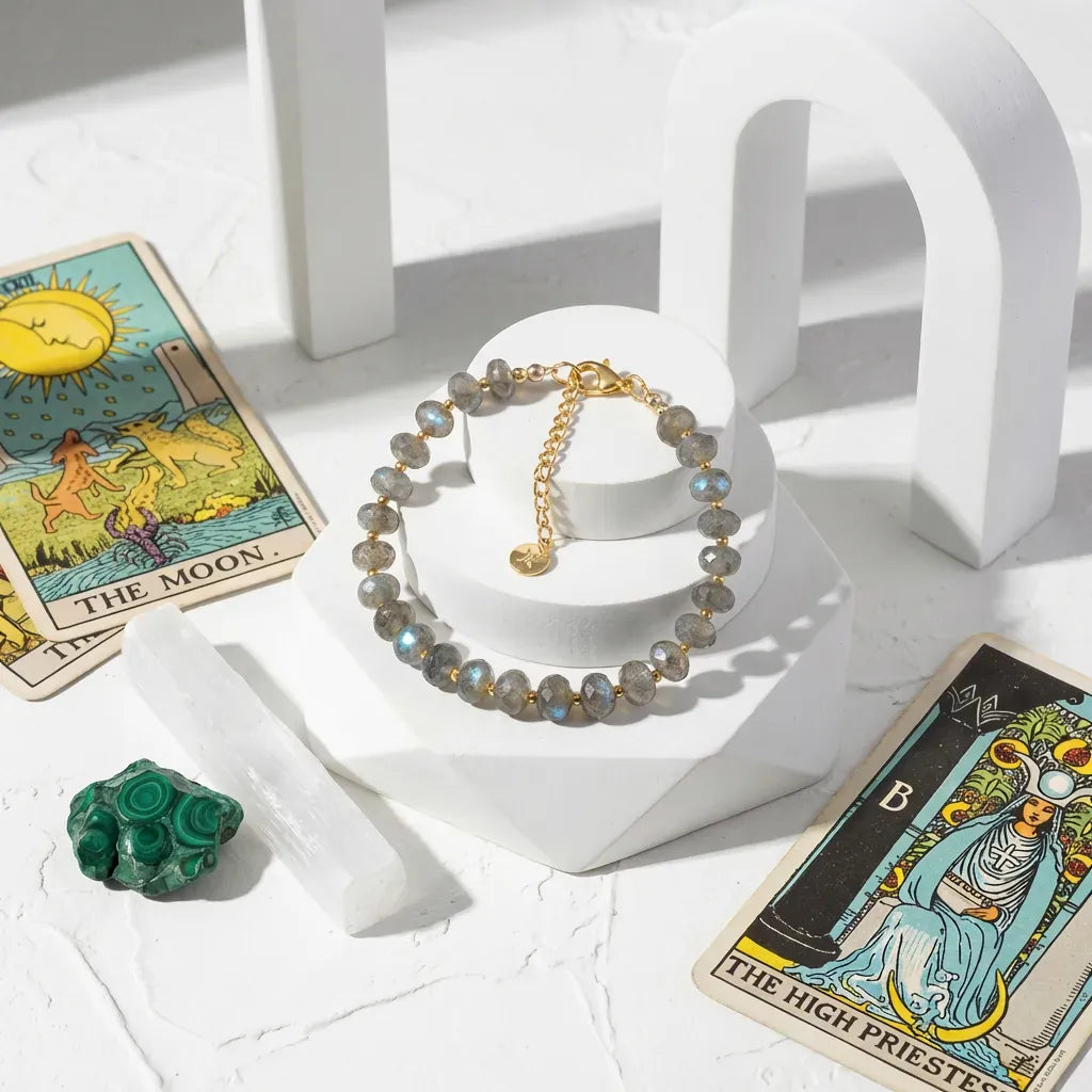 Bracelets on a white stand with tarot cards and a green stone on a white surface