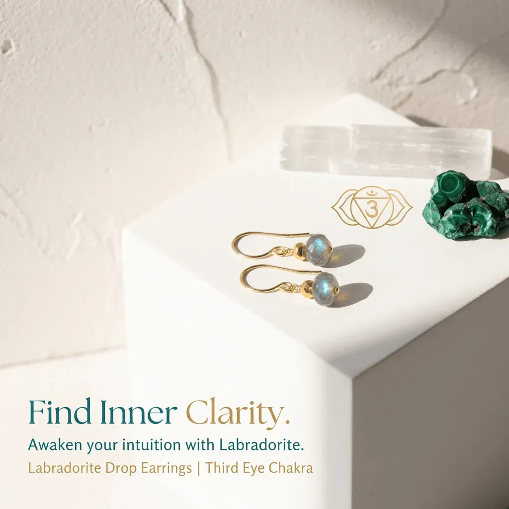 Labradorite drop earrings with packaging on a light background