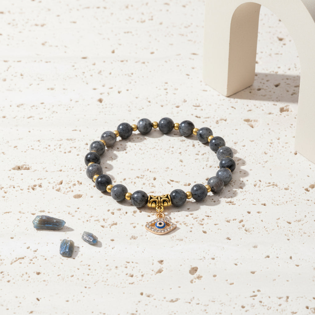Labradorite evil eye stretch bracelet on natural stone beads — symbol jewellery for protection