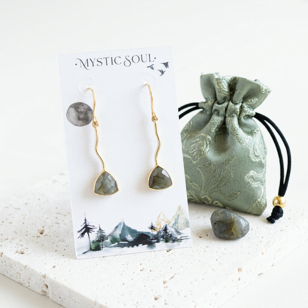 Zigzag labradorite earrings on a Mystic Soul card with a sage satin pouch