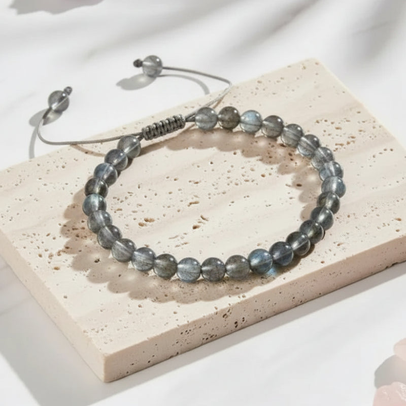 Genuine labradorite beaded bracelet in flashing grey and blue — third eye chakra jewelry