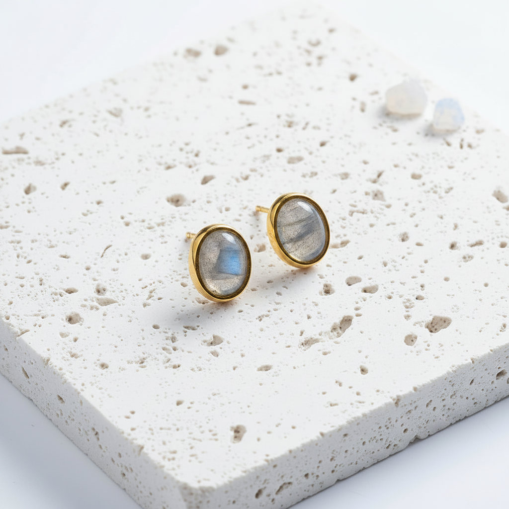 Labradorite oval stud earrings in gold-plated sterling silver — flashing grey-blue gemstone studs