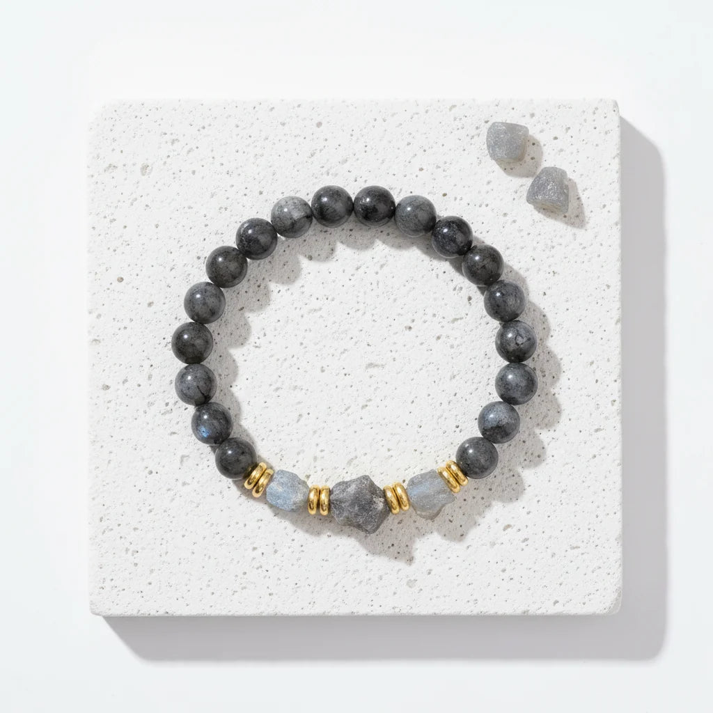 Labradorite raw nugget stretch bracelet with 8 mm rough grey stone beads and blue flash
