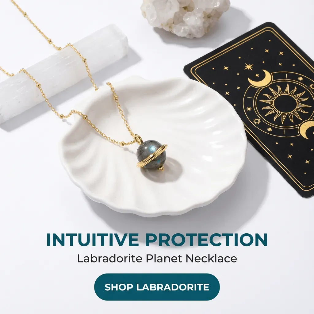 Labradorite planet necklace on a white dish with a tarot card and crystal, labeled 'Intuitive Protection'.