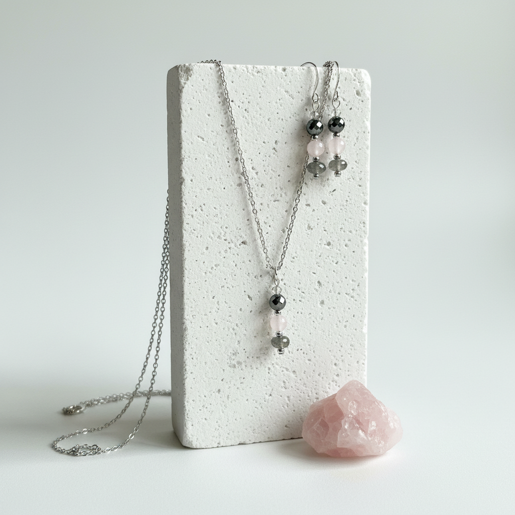 Labradorite, pyrite and rose quartz necklace and earrings laid out together as a matching gift set