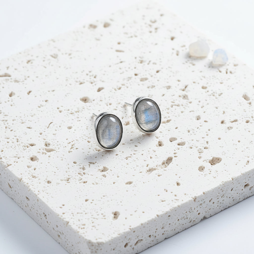 Labradorite oval stud earrings in sterling silver — 6 x 8 mm bezel-set gemstone studs