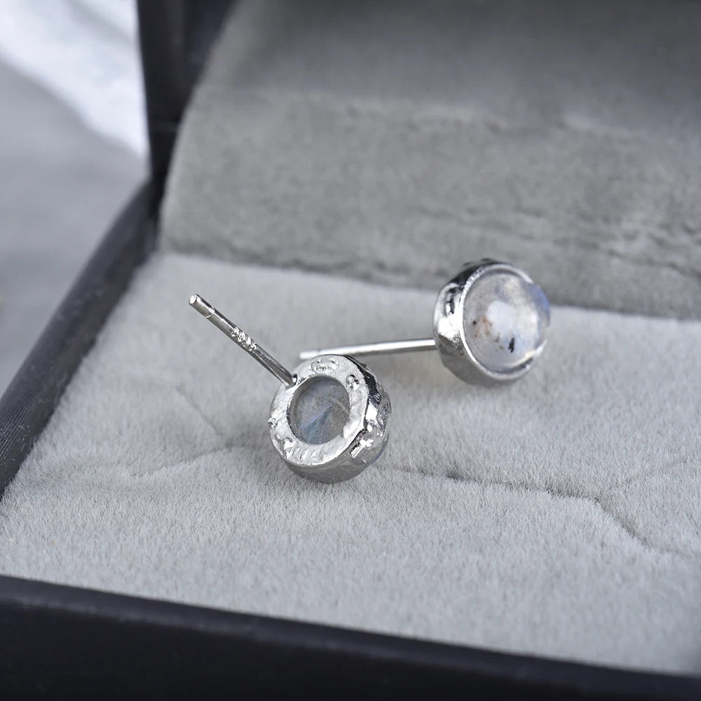 Back of labradorite stud earrings showing sterling silver posts and butterfly backs